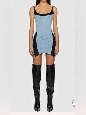 Denim Panel Mini Dress with Black Side Insets